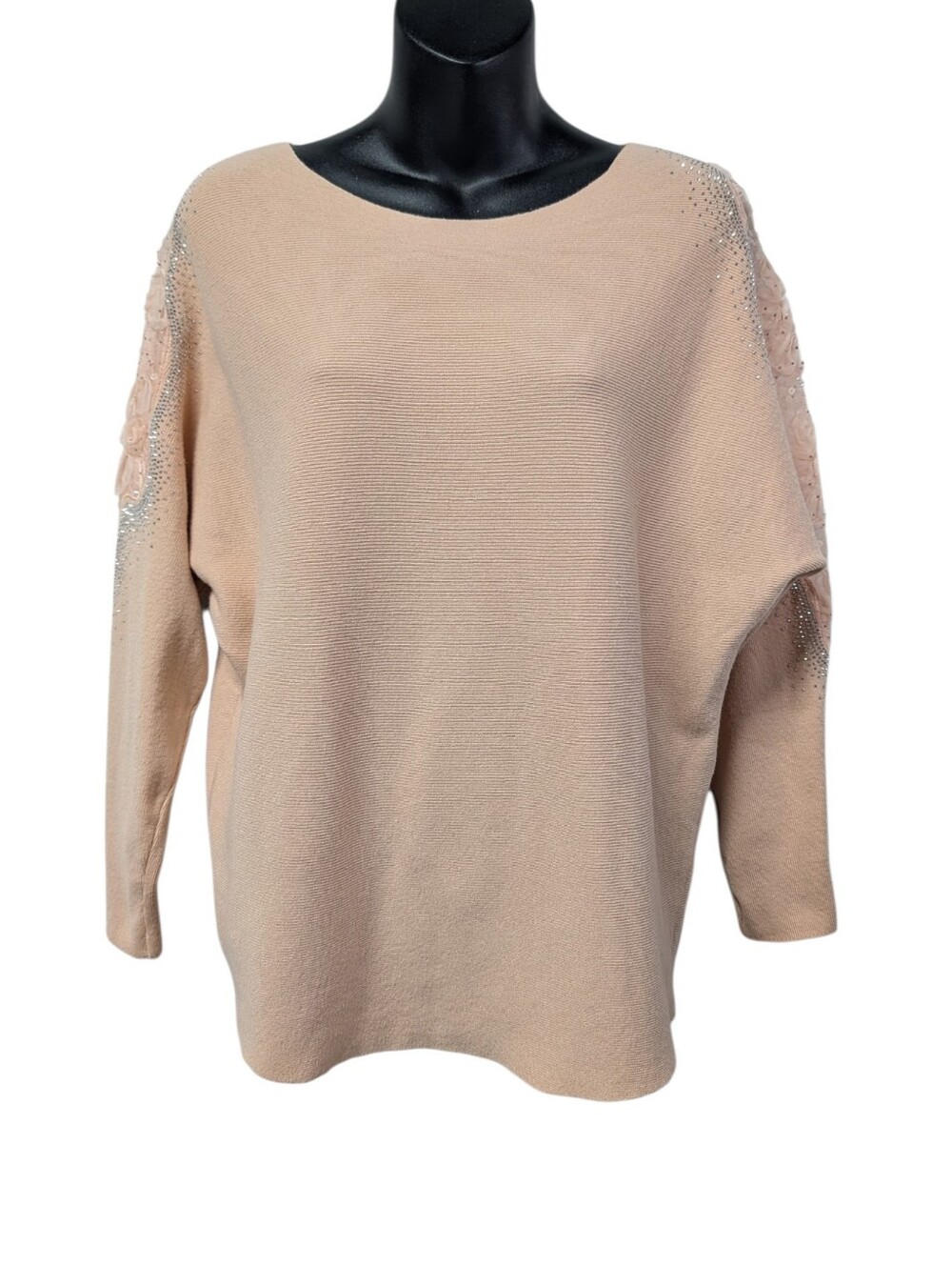 LIV Milano Womens Pale Pink Solid Knit Boat Neck Pullover Lace Rhinestone Size L